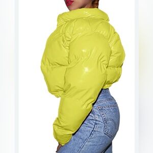 Neon Lime Cropped Puffer Jacket Glossy Quilted High Neck Statement Outerwear